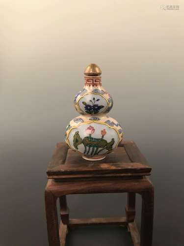 Chinese Double Gourd Shape Glass Snuff Bottle With Lotus Painting And Qian Long Mark