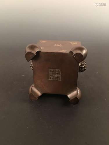 Chinese Bronze Square Censer With Gilt Dots