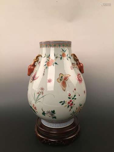 Famille-Rose with Deer Head Handle with Butterflies and flowers, Qianlong Mark