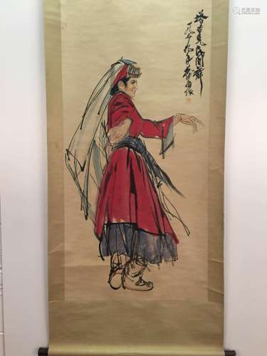 Chinese Hanging Scroll Of Dancing Lady