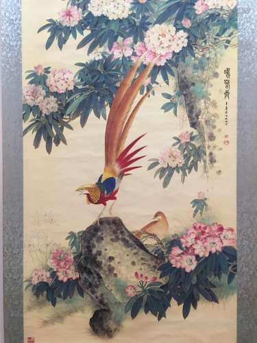 Hanging Scroll of Ji Xiang Tu with Flower and Birds