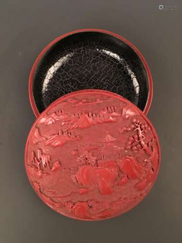 Cinnabar Round Box with Landscape on the top, Qianlong Mark
