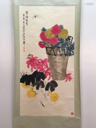 Chinese Hanging Scroll Of Flowers And Insects
