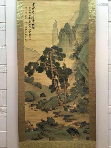 Hanging Scroll of Landscape Painting with A Man resting beside the River