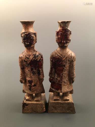 Pair Chinese Archaic Jade Solider Figure