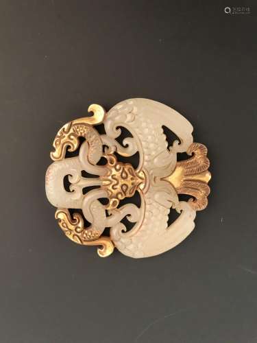 Chinese Gilt Jade Pendnt With Dragon Openwork