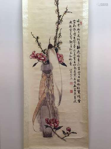 Hanging Scroll of Flowers wih Mingran Signed