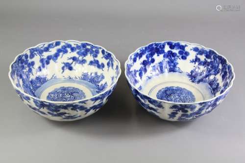 A Pair of Chinese Late 19th Century Blue and White Bowls