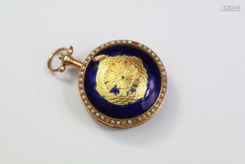 Antique Continental 18ct Yellow Gold Guilloche Enamel and Seed Pearl Watch Pendant