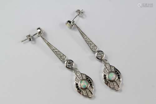 A Pair of Silver and Opal Art Deco Style Drop Earrings