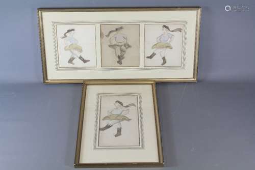 19th Century Pencil and Wash Preparatory Sketches, the first depicting three different poses, approx 18 x 20 cms (io), the second sketch depicting a solo pose, approx 17 x 29 cms (io), glazed and framed, unsigned