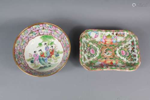 A Mid-20th Century Cantonese Famille Rose Bowl and Rectangular Dish