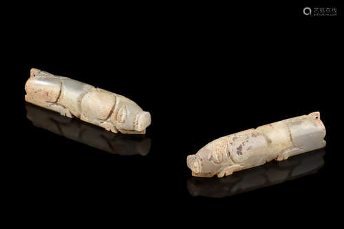 PAIR OF JADE CARVED 'PIG' ORNAMENTS