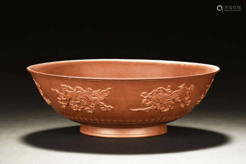 YIXING ZISHA CARVED 'DRAGONS' BOWL