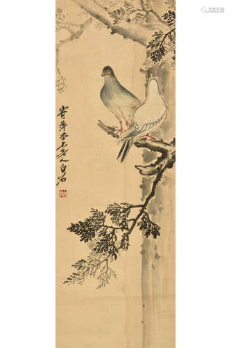 QI BAISHI: INK AND COLOR ON PAPER PAINTING 'PIGEONS'