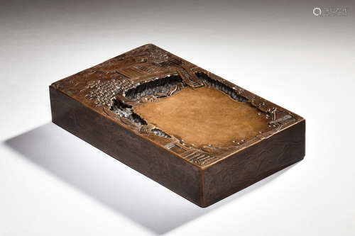 RECTANGULAR 'LANDSCAPE AND CALLIGRAPHY' INK STONE