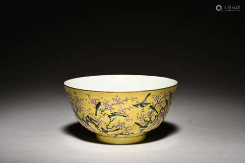 FAMILLE ROSE YELLOW GROUND 'FLOWERS AND BIRDS' BOWL