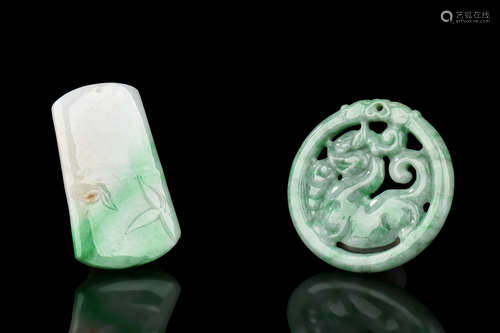 TWO JADEITE CARVED ORNAMENTS WITH CERTIFICATES