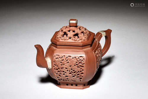 YIXING ZISHA CLAY OPENWORK CARVED TEAPOT