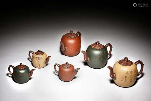 GU JINGZHOU: GROUP OF SIX YIXING ZISHA 'MELON' TEAPOTS