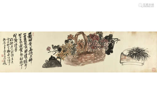 WU CHANGSHUO: INK AND COLOR ON PAPER HORIZONTAL SCROLL PAINTING 'FLOWERS'