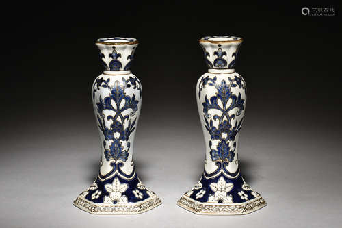 PAIR OF BLUE AND WHITE 'FLOWERS AND FRUITS' CANDLE HOLDERS