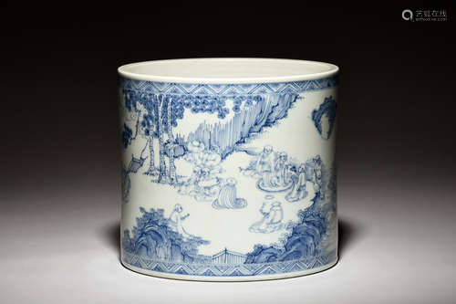 BLUE AND WHITE 'ARHATS' BRUSH POT