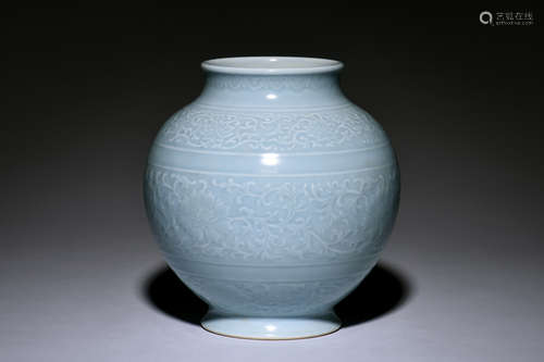 SKY BLUE GLAZED AND CARVED FLOWERS JAR