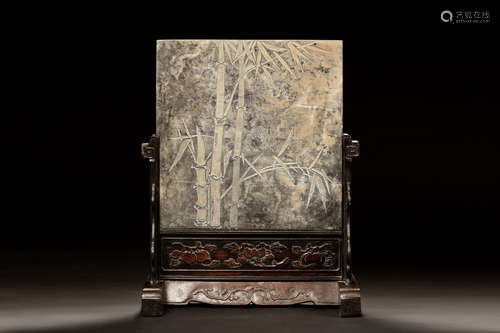 STONE CARVED 'BAMBOO' PLAQUE INSET TABLE SCREEN