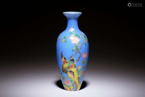 ENAMELED 'FLOWERS AND BIRDS' GLASS VASE