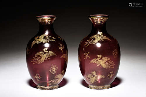 PAIR OF GILT PURPLE GLASS 'PHOENIX' VASES