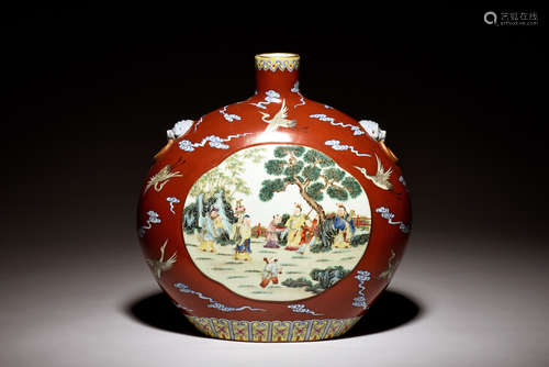 FAMILLE ROSE AND RED GROUND 'IMMORTALS' MOON FLASK