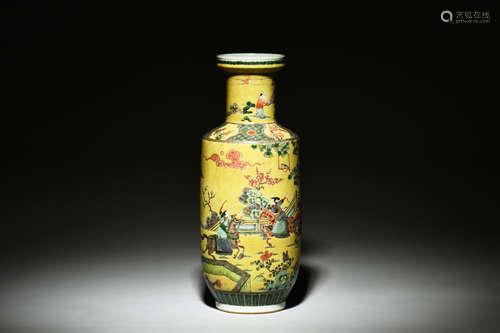 FAMILLE ROSE YELLOW GROUND 'PEOPLE' VASE