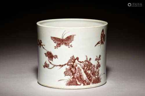 UNDERGLAZED RED 'FLOWERS AND BUTTERFLIES' BRUSH POT