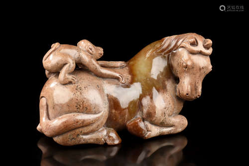 JADE CARVED 'MONKEY AND HORSE' FIGURE