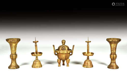 SET OF FIVE GILT BRONZE RITUAL GARNITURES