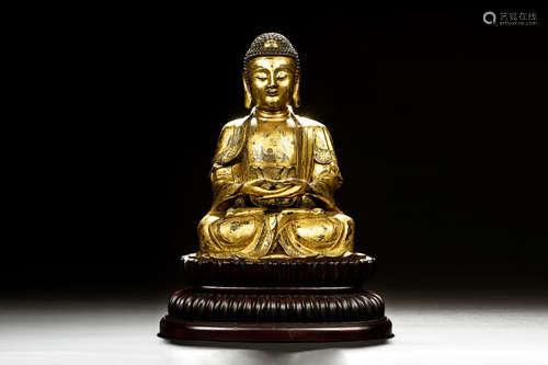 GILT BRONZE CAST SHAKYAMUNI BUDDHA SEATED FIGURE