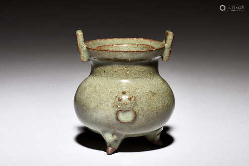 CELADON GLAZED TRIPOD CENSER WITH RAISED HANDLES