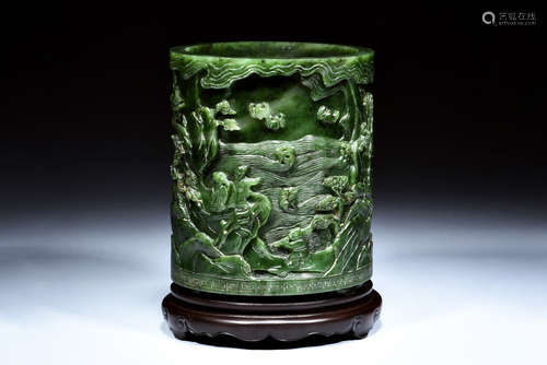 NEPHRITE JADE CARVED BRUSH POT WITH STAND