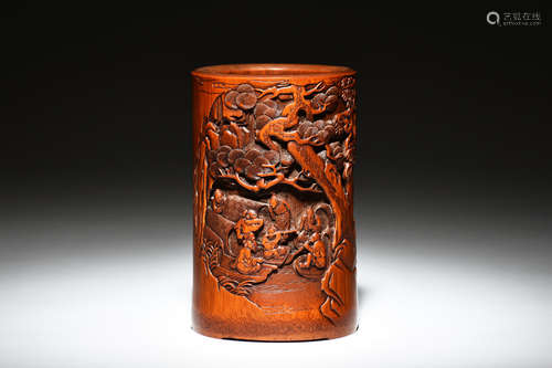 BAMBOO CARVED 'SEVEN GENTLEMEN' BRUSH POT