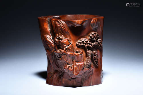 CARVED HUANGYANGMU WOOD BRUSH POT