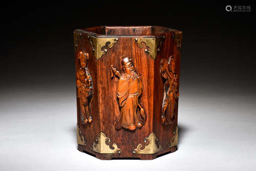 WOOD CARVED HEXAGONAL 'IMMORTALS' BRUSH POT