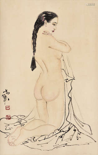 HE JIAYING: INK AND COLOR ON PAPER PAINTING 'NUDE GIRL'