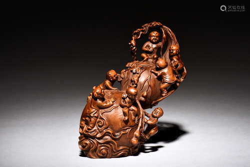 HUANGYANGMU WOOD CARVED 'CHILDREN AND GOURD' FIGURE