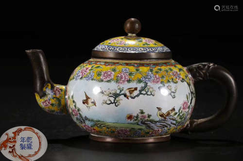 A BRONZE CASTED ENAMELED TEA POT