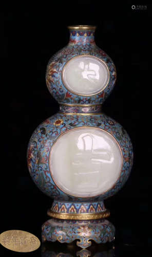 A CLOISONNE WITH HETIAN JADE GOURD VASE