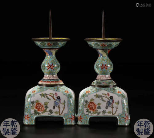 PAIR BRONZE CASTED ENAMELED CANDLE HOLDER