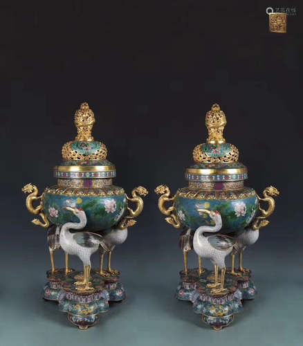 PAIR CRANE SHAPED FEET CLOISONNE CENSERS