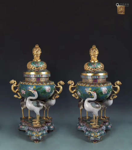 PAIR CRANE SHAPED FEET CLOISONNE CENSERS