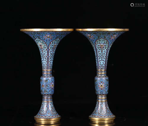 PAIR CLOISONNE CASTED WRAPPED FLORAL PATTERN GU VASE